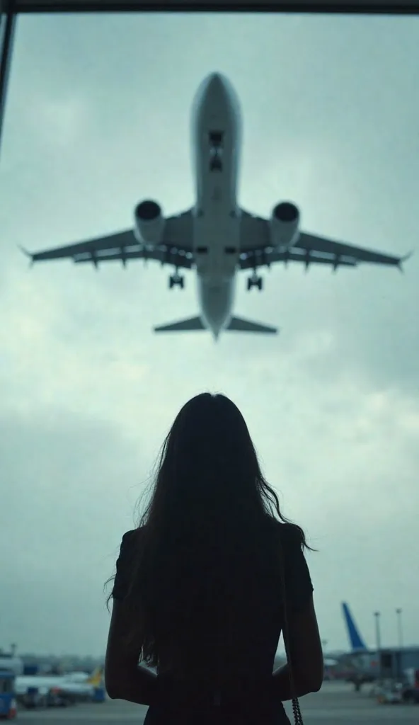 A dramatic low-angle, above-the-shoulder shot of a smart Indian woman with long black hair standing in an airport, gazing up at a massive plane flying just above her. The aircraft dominates the frame, incredibly close, its engines roaring as it ascends. He...