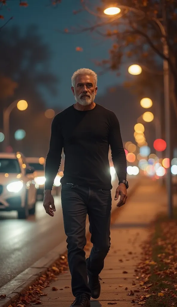 (photorealism:1.2), a very handsome middle age man bearded and white hair was walking on the side of the highway, many cars passed by, car headlights(wearing a tight black shirt black jeans)  in a city park at night with park lights, falling leaves, realis...