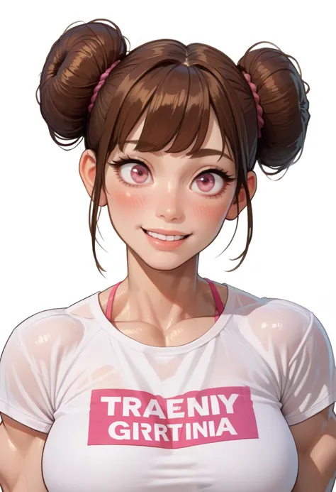 ((White background)) ((Russian girl)), rathing_questionable (white cropped t-shirt), pink micro thong, Brown bangs curled into a bun, blushing, pink eye ,score_9, score_8_up, score_7_up, ((hyper muscular:0.6)) ((big breasts:0.9)) ,sexy, strong , (Flexing a...