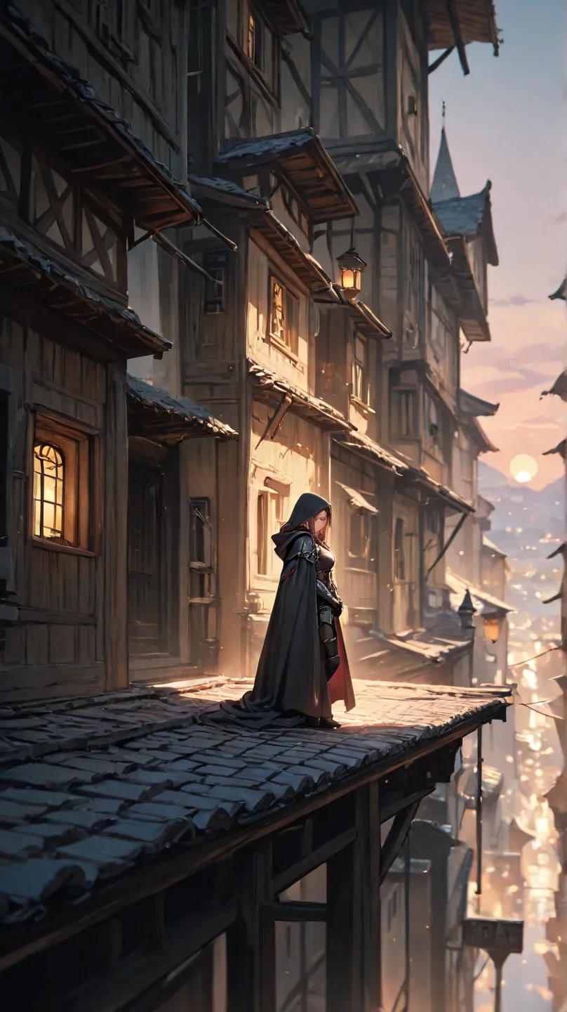  huge _very high resolution, high resolution,  masterpiece, recent, 1 female,  long hair, dark hair, assassin, Hooded Cloak , Side view, lightweight armor, dagger,  bangs,  blurry , On a very high roof, Perched,  outdoors, Expansive view, Panoramic view, L...