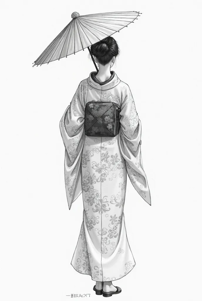 Create a clear black and white pencil sketch of a Japanese woman from behind wearing a large kimono and a typical umbella