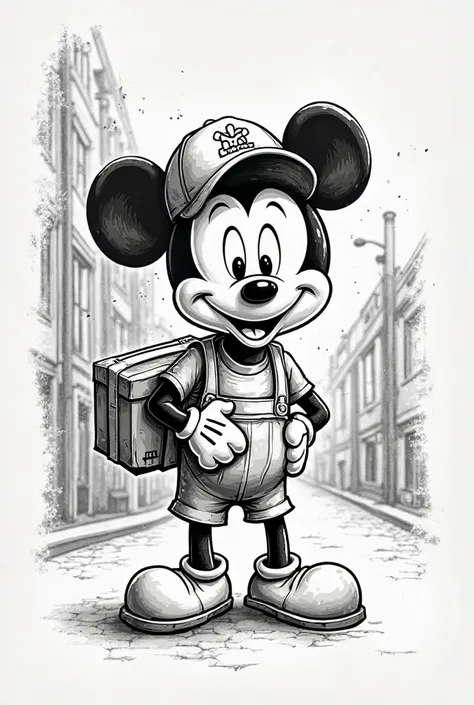 Black and white retro style drawing of a delivery boy, Mikey Mouse and Betty Pop style drawing art