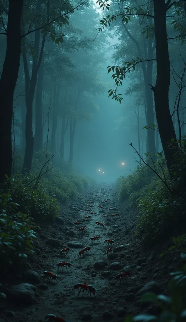 A group of ants swarming, moving swiftly through a dark, eerie forest. The ground is uneven and shadowy, with glowing eyes peeking through the foliage. The atmosphere is mysterious and threatening.