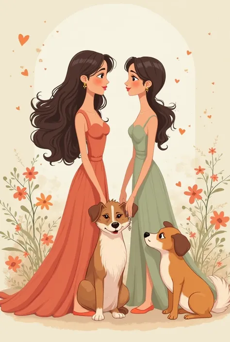 Cartoon image of a small family composed of beautiful women,  and male dog