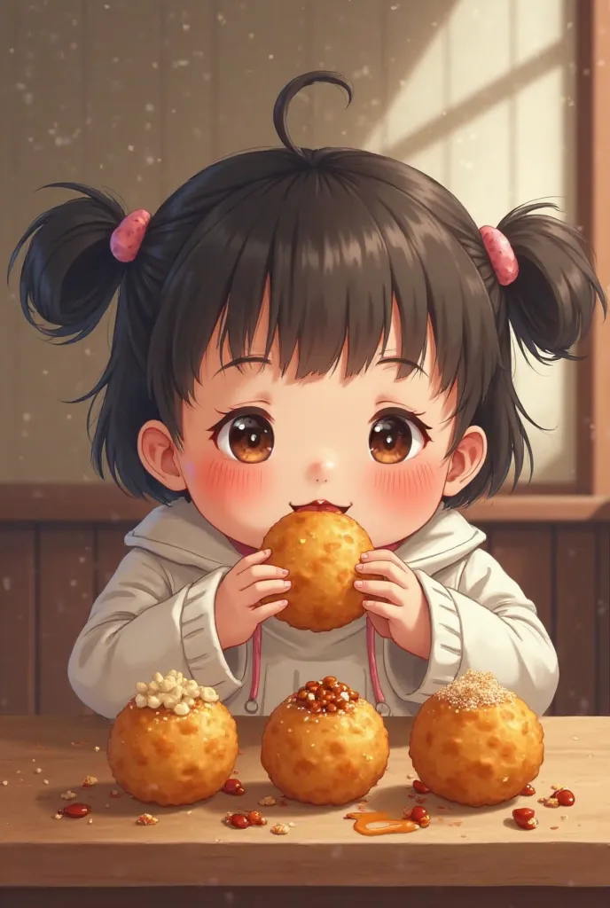 Cute chubby baby japanes girl with a rosey chick, eating  takoyaki