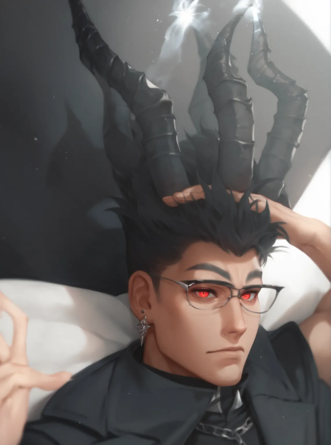 alone, good looking, 1 male, Long hair, Middle parted, Black hair, Red eyes, Black shirt, White Thailand, Black Trench Coat, Royal Silver Jewellery, Royal Demon Earrings, Black horns, Demon Crown, Demonic Katana Sword, Chains, On Back, Demonic Black flames...