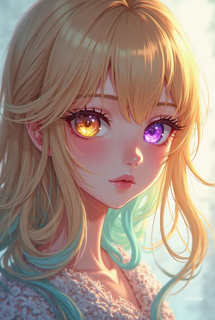 Create a picture of an anime girl who has blonde hair with a few turquoise strands, one eye should be purple the other yellow 