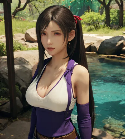 FF7 Remake Tifa Lockhart、1 girl, solo, TOP QUALITY, Ultra Fine, big breasts, beautiful pretty red eyes, earrings, forest spring background、 upper body only、look at cleavage, Smooth beautiful lips、I'll brush up my back hair、 ribbon hair accessory, Turn your...