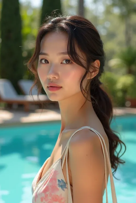 "Generate an ultra-high-definition image of a young asian woman with an oval-shaped face, warm Italian-tanned complexion, and smooth, luminous skin. Her facial features are harmoniously balanced, with large, almond-shaped eyes in a greenish-brown color tha...