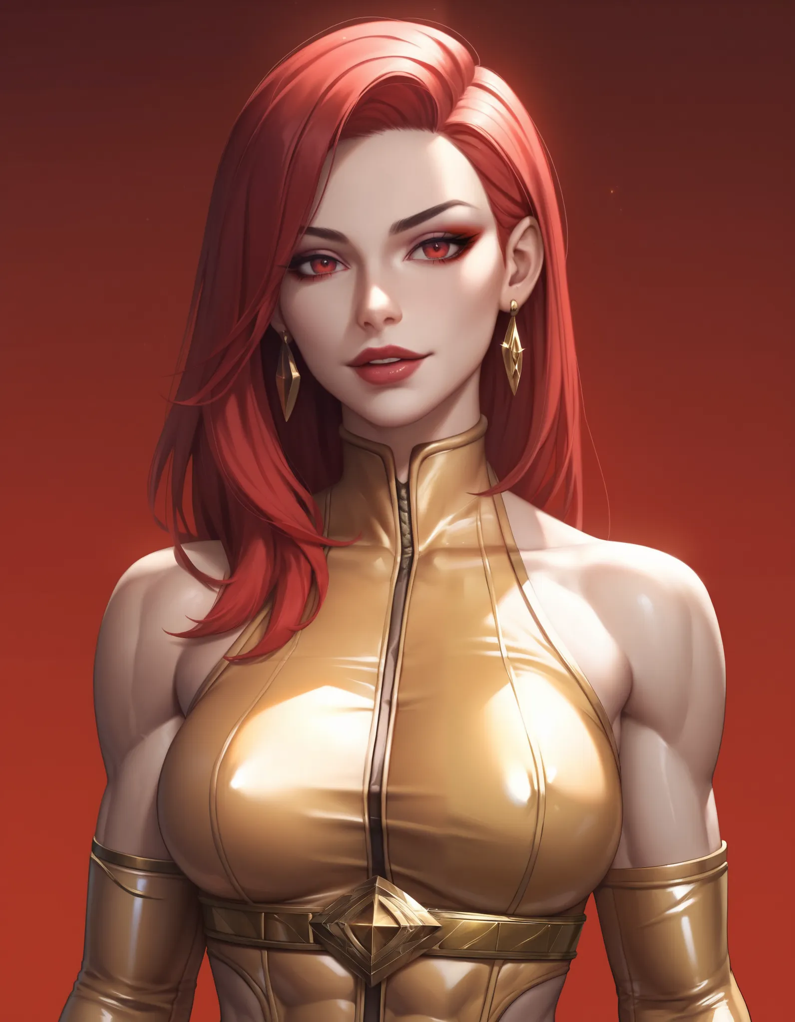 female gold sleeveless latex bodysuit, gold belt, racerback, bare shoulders, long gloves, gold gloves, toned arms, beautiful faces, red hair, long sleek hair, earrings, soft smooth skin, pale skin, red background, red eyes, sci-fi, high contrast, assassin,...