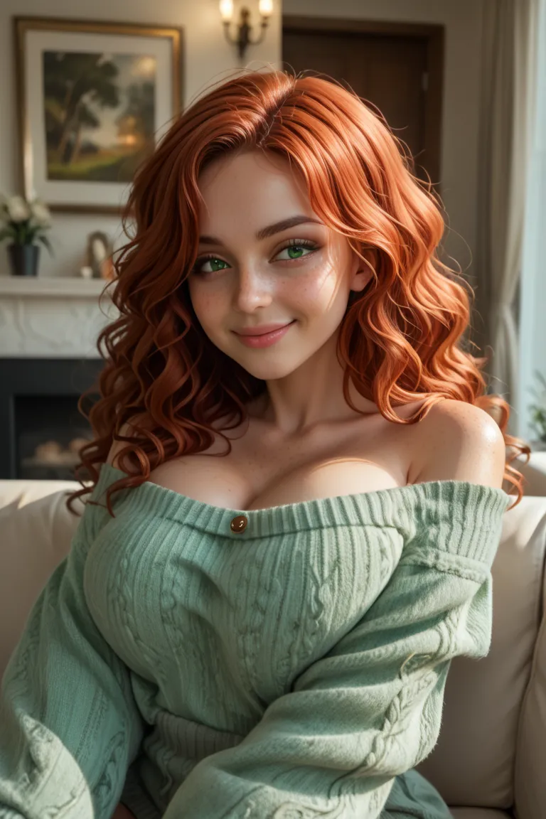 ( 21 years old)  young adult,  buxom Red-haired girl, huge rounded chest, extremely thin waist, Wide hips,  green sweater  ,   shoulder hair ,   wavy hair ,  soft smile,  green eyes,  lies on the couch craving sex,    beautiful , delicate,  freckles, bare ...