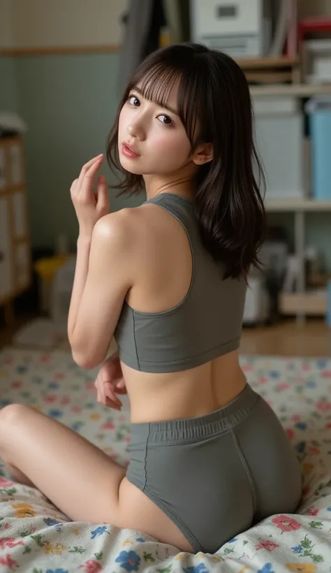 (masterpiece、Highest Image、Photorealistic)、 cute Japanese woman、1 person、(( In a track and field uniform with a cropped tank top and skinny racing shorts))、 full body view:1.8、on a futon in a messy room without getting dirty、 crying expression、(((Face back...