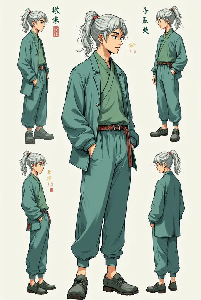 Yaoi character and senyon-ai manhwa, guy with medium length gray and white hair, gathered in a disheveled ponytail, dressed in jade-colored clothes in the style of modern Chinese street fashion, full-length, Chinese patterns and more detail and he's a writ...