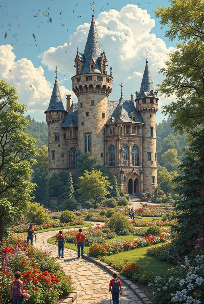 The picture has a very ancient and majestic castle, with tiny people repainting colorful balcony doors. A large garden has tiny people in work overalls taking care of ornamental plants and watering beautiful, colorful flower beds.


