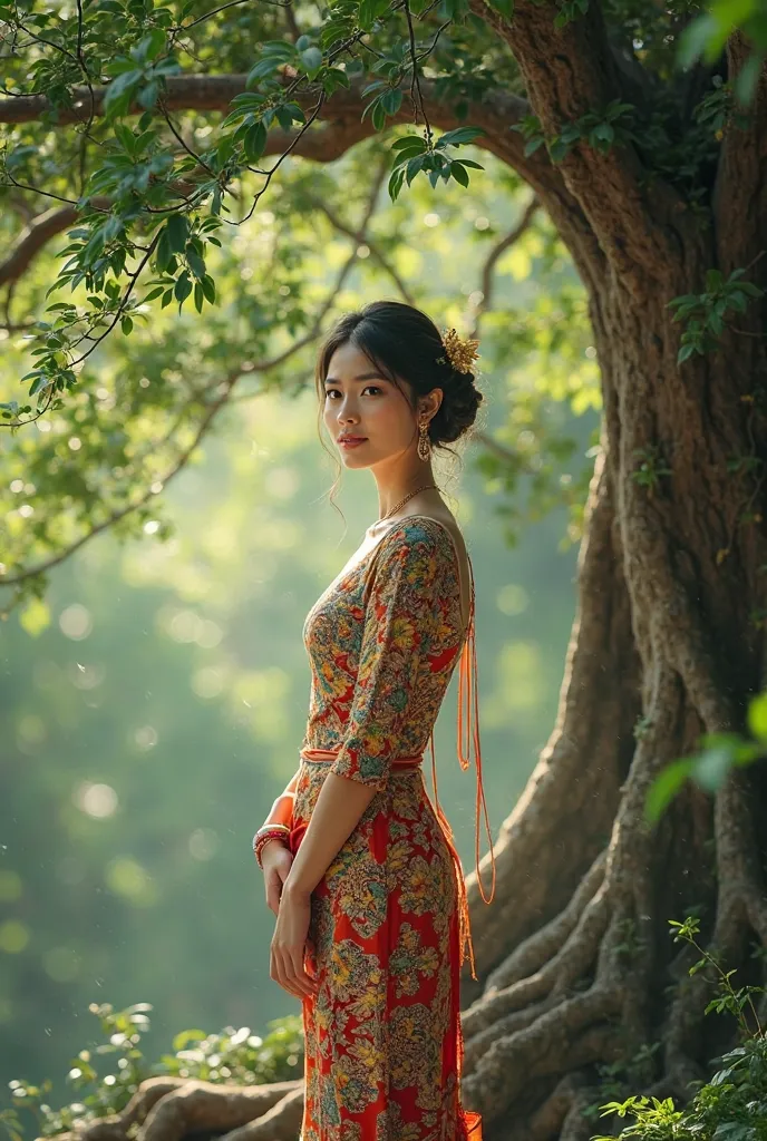 Woman wearing Thai dress standing under tree