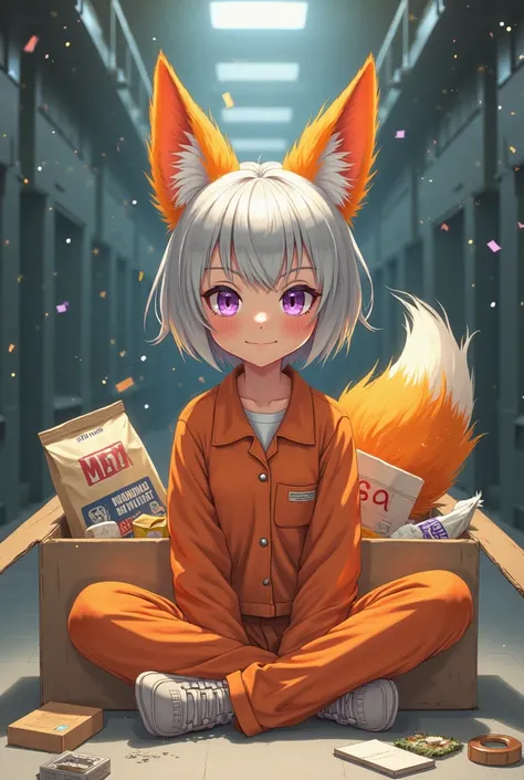 adult prisoner girl, silver short hair , orange fox ears, orange fox tail, No human ears, purple eyes, orange prison jumpsuit, orange cloth shoes, She sitting in big paper board box with custom her shop, potato chip bags, mile boxs, she smile, malt bag, in...