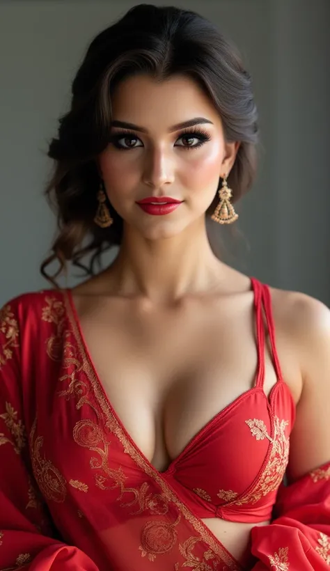 perfect pink eyes, fantastic face, Indian, beautiful look, ((red lips, bright eyes, curve heir 1.5)), ((beautiful details very big breast )), (Straight round and ultra huge cleavage, not sagging breast), glorious gorgeous face pretty face, bright eyes, det...