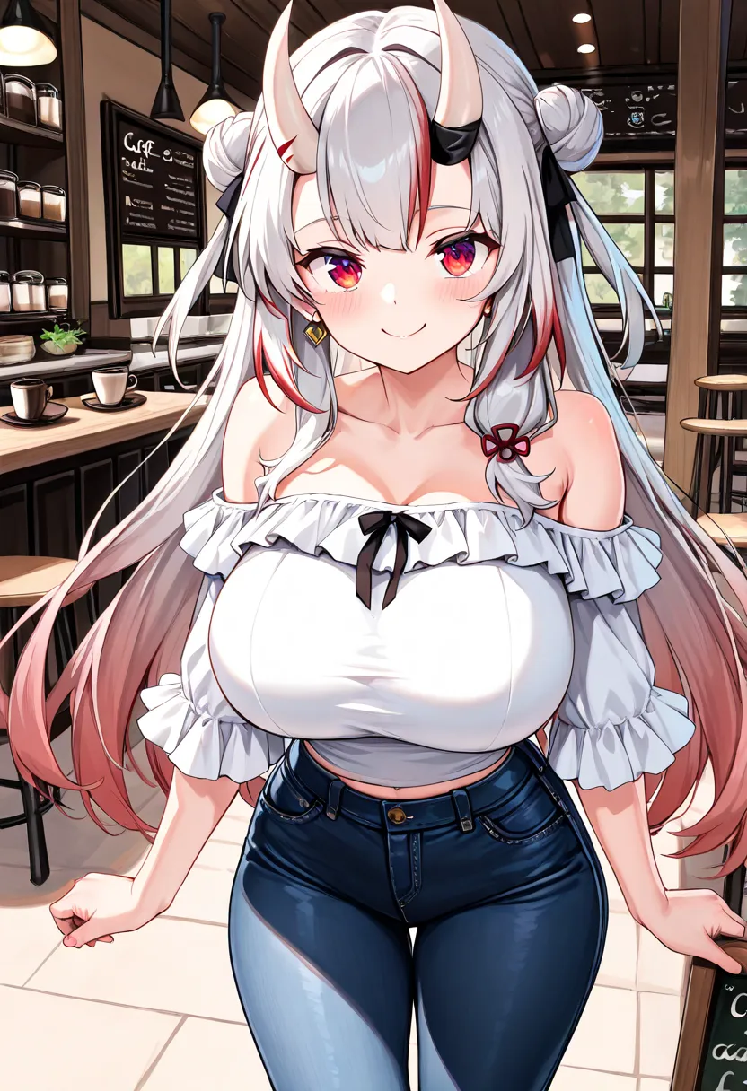 (TOP QUALITY , 8k , masterpiece , incredibly absurdres , perfect body , super detailed skin , highly detailed eyes and face , 1 woman ) ,  nakiri ayame , Silver Hair , red eyes , demon horn , smile ,  will be happy , ( Ruffled sleeve top ,  tight jeans , c...