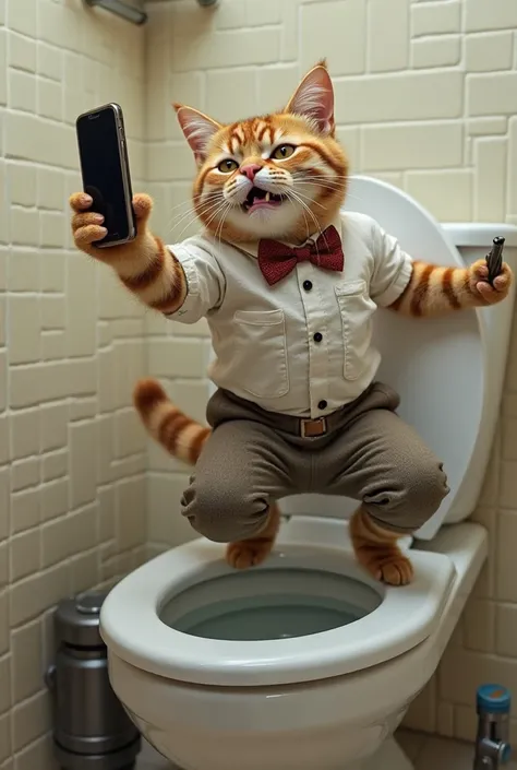 A cat falls into a commode with a phone in its hand. This cat is dressed to look like a human.