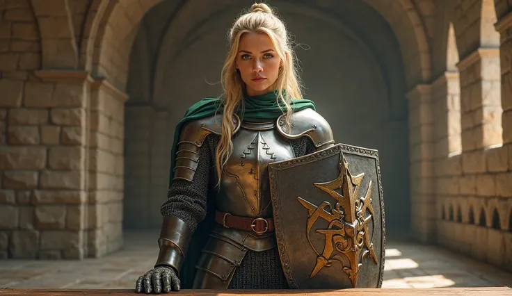 Crusader, Blonde Woman is dressed as war armor , she got mace and shield, green cape, She is sitting behind table and talking to camera, medieval interior background 