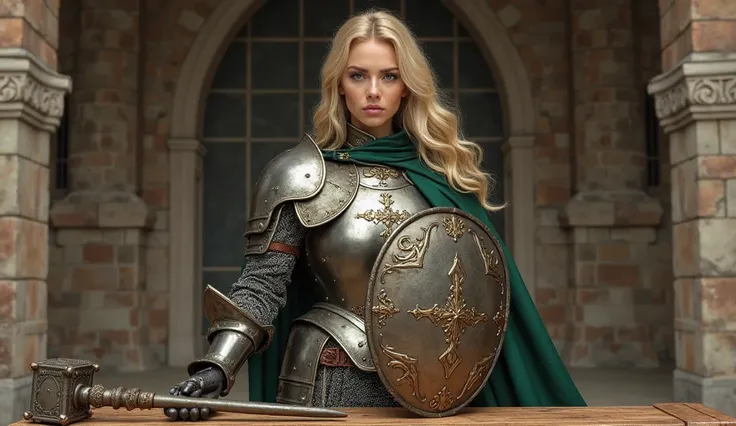 Crusader, Blonde Woman is dressed as war armor , she got mace and shield, green cape, She is sitting behind table and talking to camera, medieval interior background 