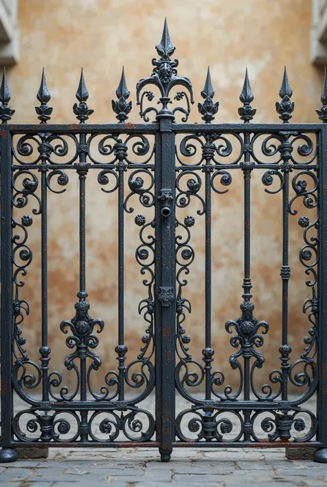 Hyperrealistic image of a full forged iron fence span, presented strictly frontally, showing the entire structure from edge to edge against a plain, blurred background. The fence features elaborate swirling patterns, sharp pointed finials, and refined flor...