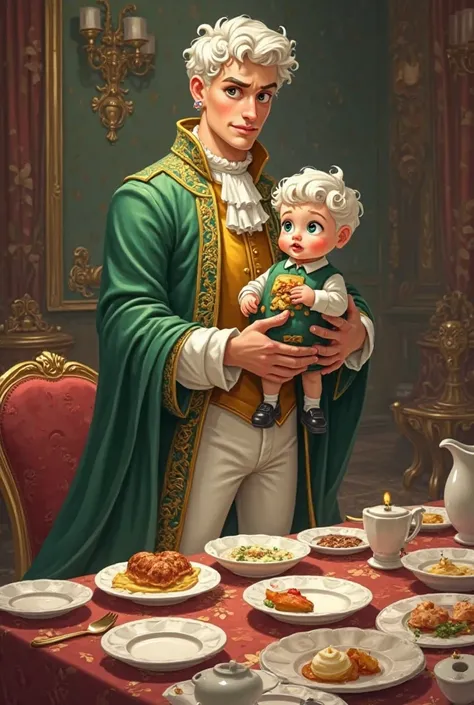 Could you make this cartoonish
A handsome young man in royal clothing a gold vest and green overcoat and white scary and white paints and black shoes . The man was tall and thin with a clean face with short curly white hair green eyes and pale white skin a...