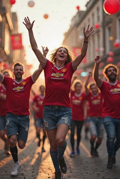 Create image of Manchester united fans by dancing on the road due to winning