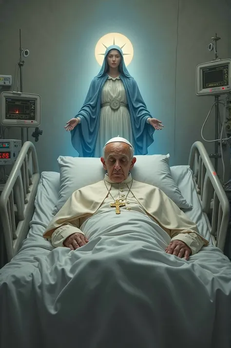 Pope francis in hospital bed with virgin Mary
