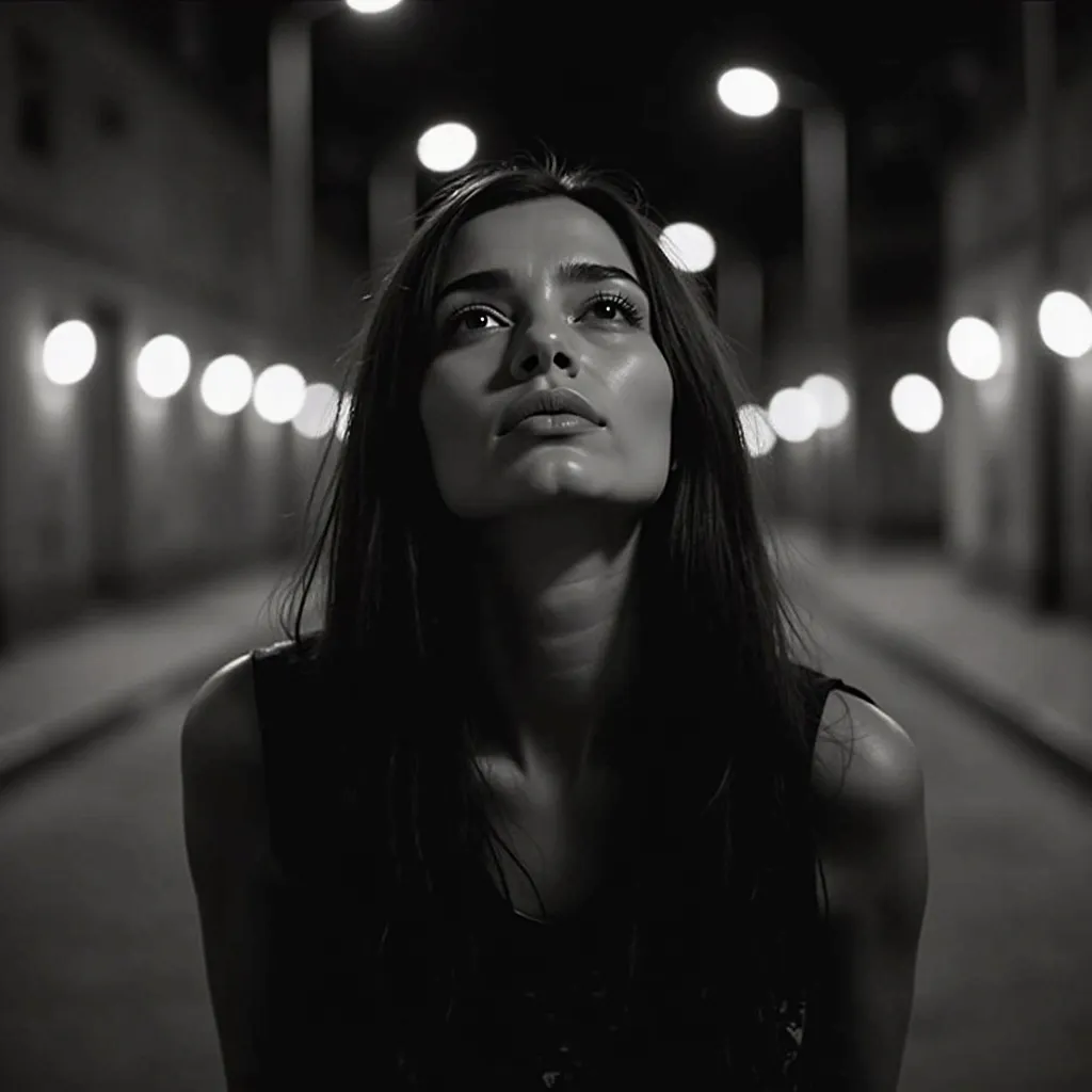 A monochrome image of a beautiful sad woman with long, dark hair standing outdoors at night. The individual tilts their head back, gazing upward with a serene expression. the background features softly blurred architectural elements and street lighting, cr...