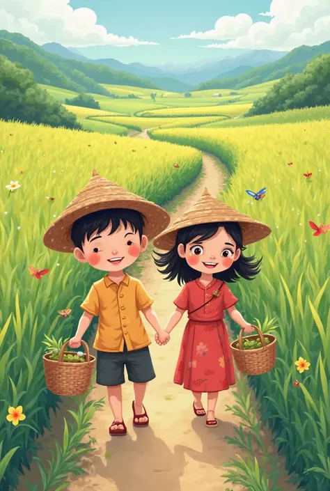 I will create cartoon characters that look like people. The boy and girl are walking through the rice field, both carrying baskets on their heads.