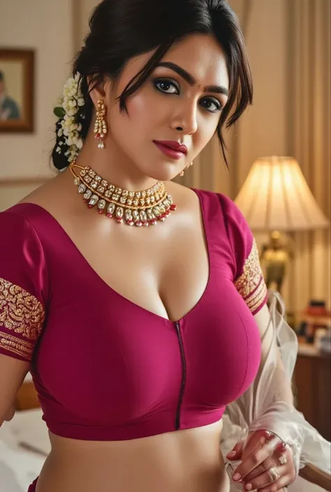 Busty woman,in wine designer saree and wine designer blouse, bending down , picking a object from floor,showing her cleavage , looking at camera ,lusty blue eyes,sexy erotic look face,dark black hair bun,flowers around hair bun,bangles in hand,thick black ...