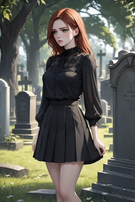 (masterpiece, best quality, 8k, high definition), whole body, woman, neck-length auburn hair, mid-chest, soft green eyes, soft lips, pale skin, beautiful face, wearing black blouse, black skirt, natural light, detailed background, Detailed Illustration Art...