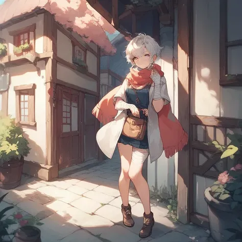 A woman with White Hair a scarf a small cloak and bandages on Arms and legs adventurer Standing in small vally small town in Background  grown up