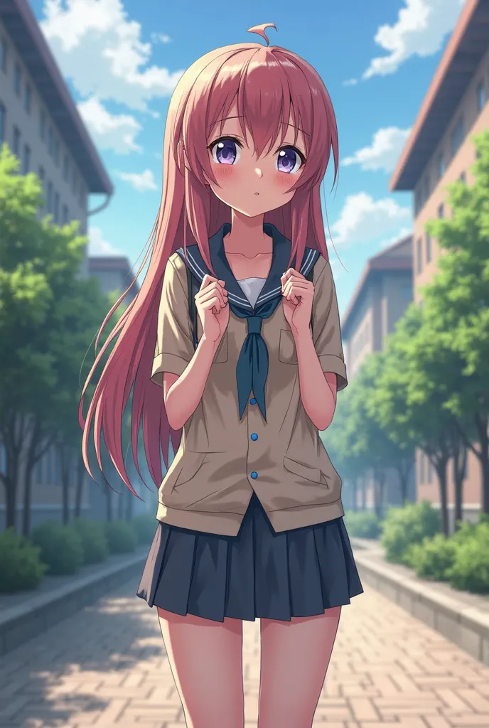 An anime girl who is nude in front of a college who pees