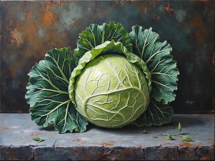 Oil painting with brushstrokes and thick strokes. The composition is “1 large cabbage with branch and leaves” looking from the front. The surface is a gray stone table, You can only see the edge of the table. The background is painted in mixed colors. Dark...