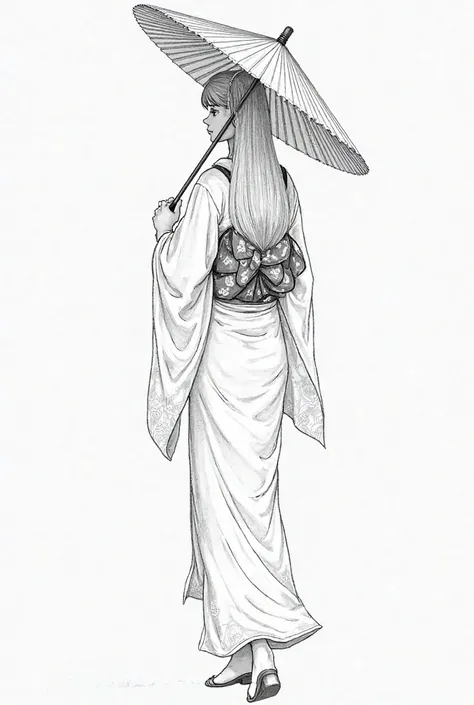 Create a clear black and white pencil sketch of a Japanese woman from behind wearing a large kimono and a typical umbrella