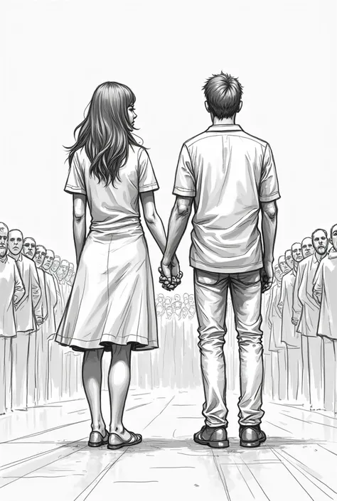 a woman and a man holding hands against people who turned their back at them sketch drawing