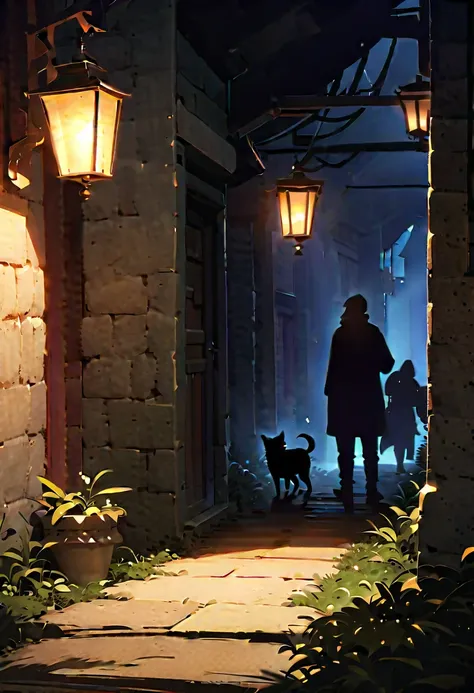 Overnight in the village, a flashlight illuminates a small path, The silhouette of a man is standing under this lantern, as if he were protecting the light coming from the flashlight, a small dog is visible in the background,