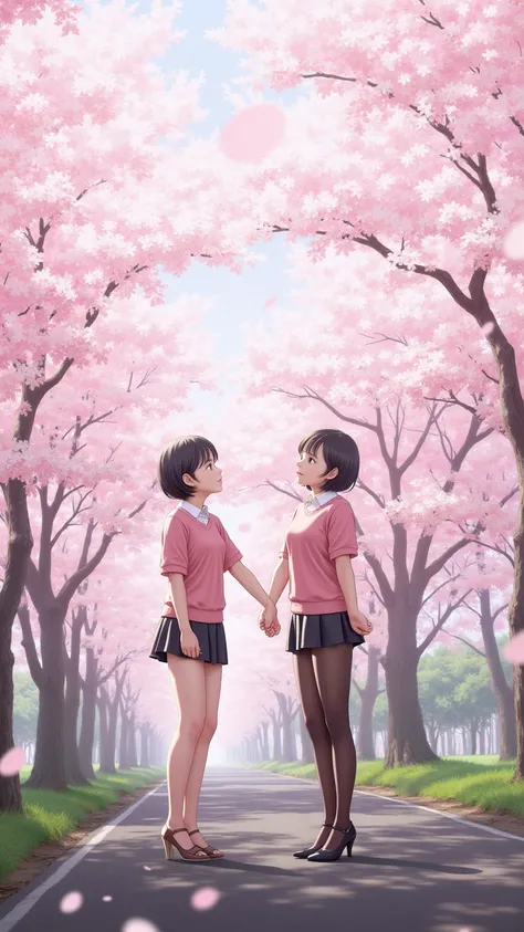 full view is clearly visible without blurring、The background is clear、without blurring、 2 women、Cherry blossom trees in full bloom above them、A cherry blossom blizzard is falling from above、they are looking up and looking at the cherry blossoms、they stand ...