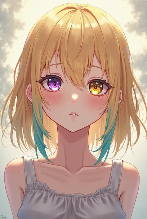 Create a picture of an anime girl who has blonde hair with a few turquoise strands that one eye is purple and the other is yellow 