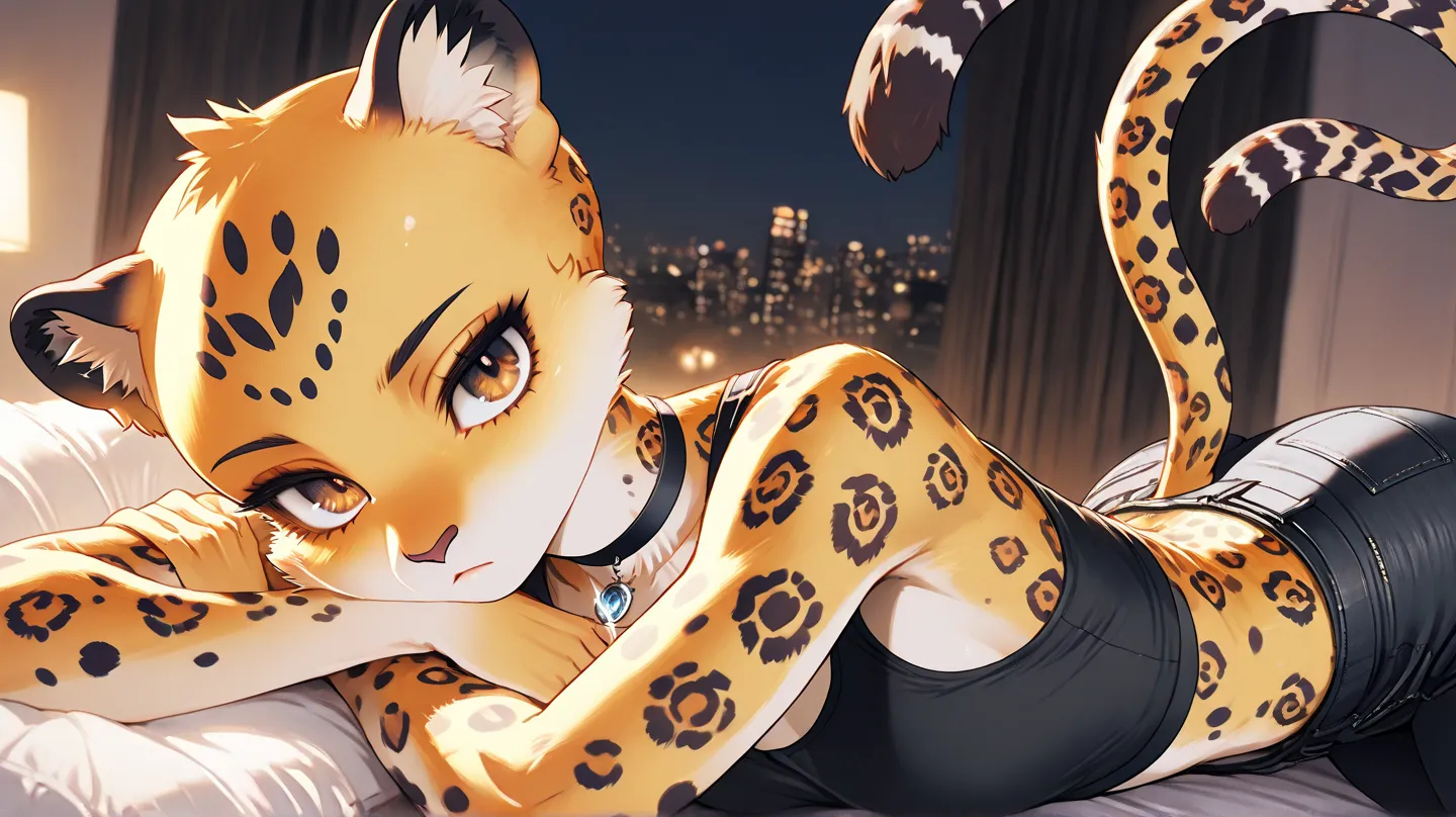 1Girl, Jaguar Ears, Jaguar Head, Anthro Jaguar Girl, Furry, Bald Girl, No Hair, Bright Brown Eyes, Dark Brown Eye Shadow, Medium Chest, Black Crop-Top, Black Ripped Jeans, Black Choker, Looking At Viewer, Bored, Glint, Sassy Pose, Solo, Close Up View, Bedr...