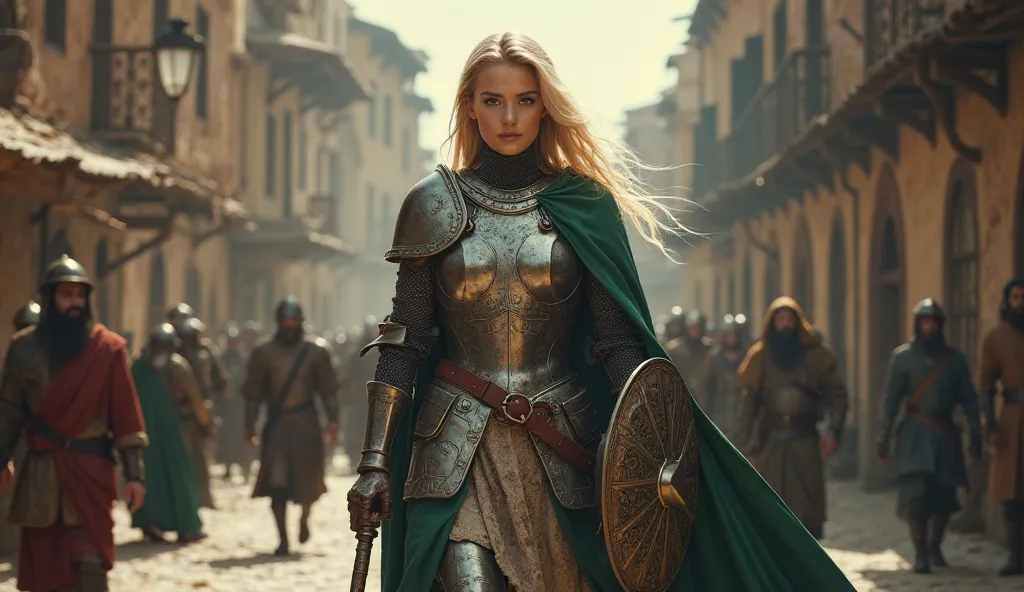 Crusader, Blonde Woman is dressed as war armor , she got mace and shield, green cape, She is walking and talking to camera, medieval street background 