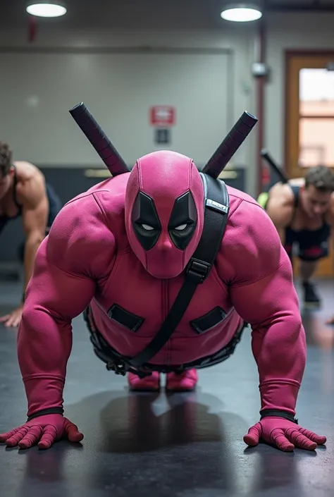 Deadpool warna pink, fat body, big belly ,Chubby, is doing push up movements, looking ahead ,door background and didnding glass,people are exercising, realistic image ,HD quality,camera full 