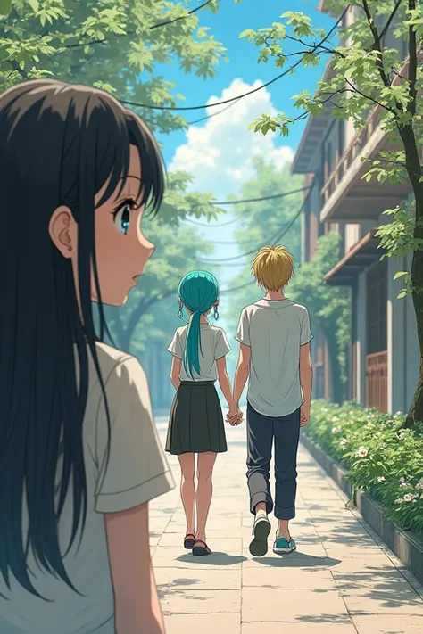 A girl with long black hair is jealous and looks at it, how a girl with turquoise low tails walks hand in hand with a blonde guy,  Anime style