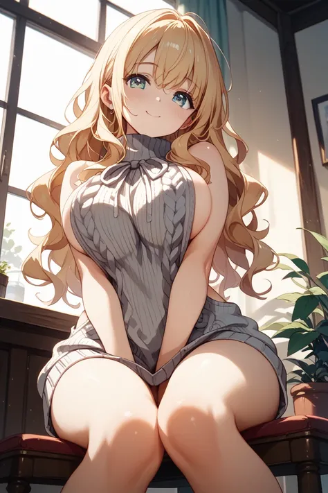 (((from below)))、Girl sitting on a chair by the window、yellow wavy hair、large breasts、virgin killer sweater、bottomless、v arms、show the bottom of the foot、(((cute)))、