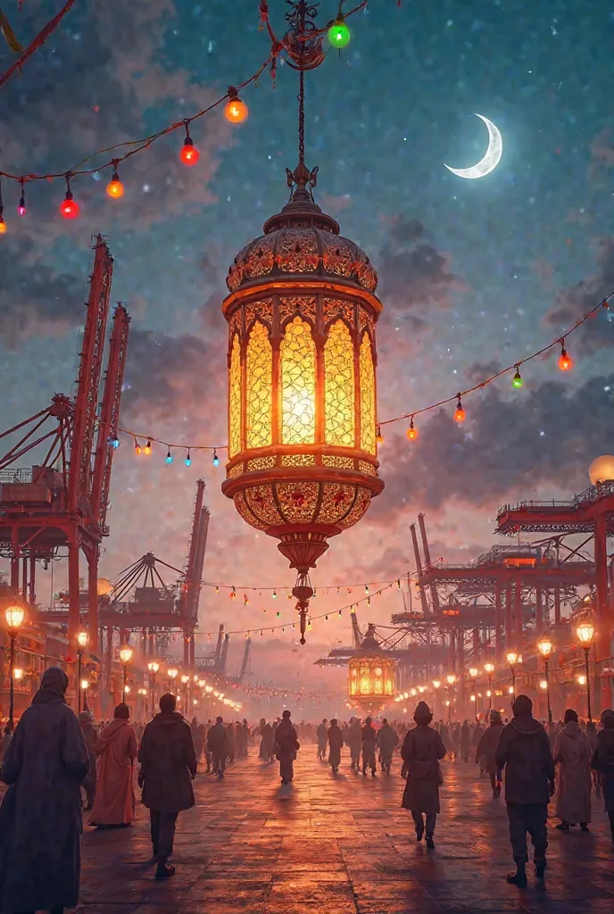 high quality realistic shot of a cargo port with Crescent in the sky , the port has Ramadan decorations lights strings on it, there is a Ramadan giant big scaled lantern in the middle of the port ground, with daylights , colorful color, with bright colors ...