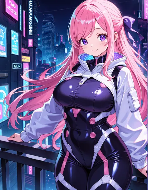 1girl, solo, voluptuous, (tareme:0.8), purple eyes, pink hair long hair, half updo, hair ribbon, swept bangs, general, cyberpunk costume monochrome clothes, standing, smile, looking at viewer, futuristic city background, masterpiece, best quality, amazing ...