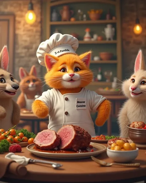 An uplifting scene in a cozy restaurant where a fluffy orange anthropomorphic cat wearing a crisp white chef's uniform, complete with a white chef's hat, an apron that says "Master of Meow Cuisine" is surrounded by happy customers, including other anthropo...