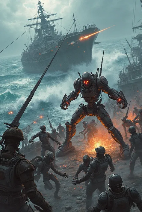 Robot pirates fighting an army of zombie soldiers on a warship in the middle of the ocean 